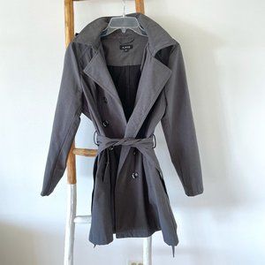 Hooded Rain Coat Charcoal Grey Polyester Pea Coat Warm Lining Tie Waist L